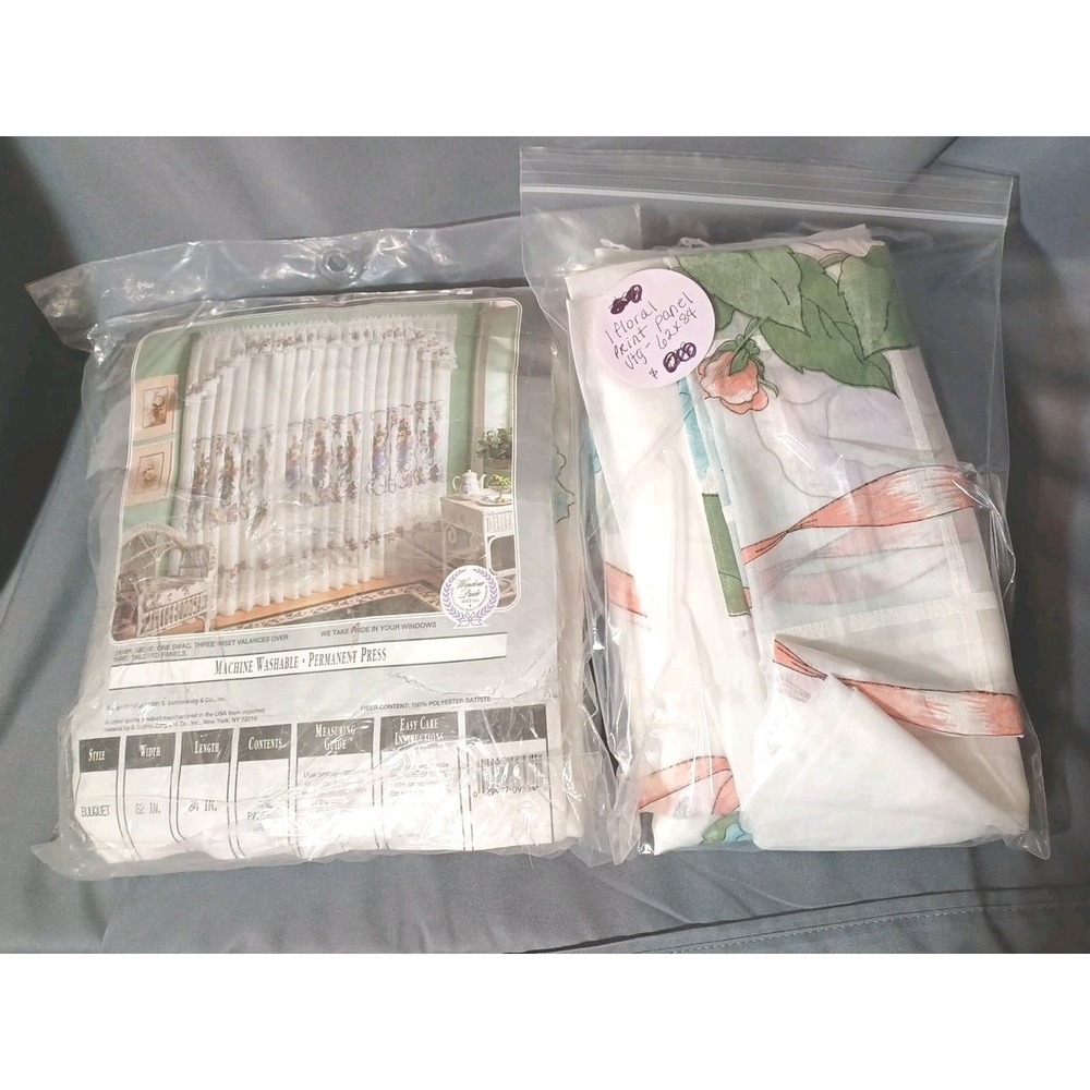 Vintage Floral Bouquet Curtain Sheer Panels 2 count Deadstock Movie Props Drapes